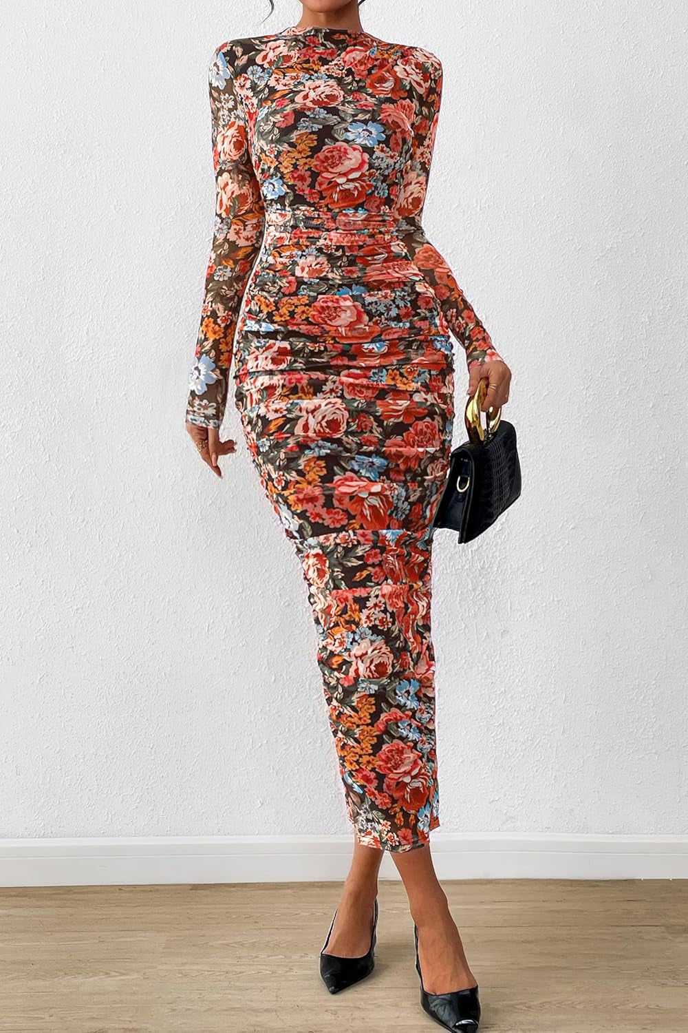 Women'S Long Sleeve Maxi Dress 2025 Fall Ruched Bodycon Floral Mesh Formal Wedding Guest Cocktail Party Dresses