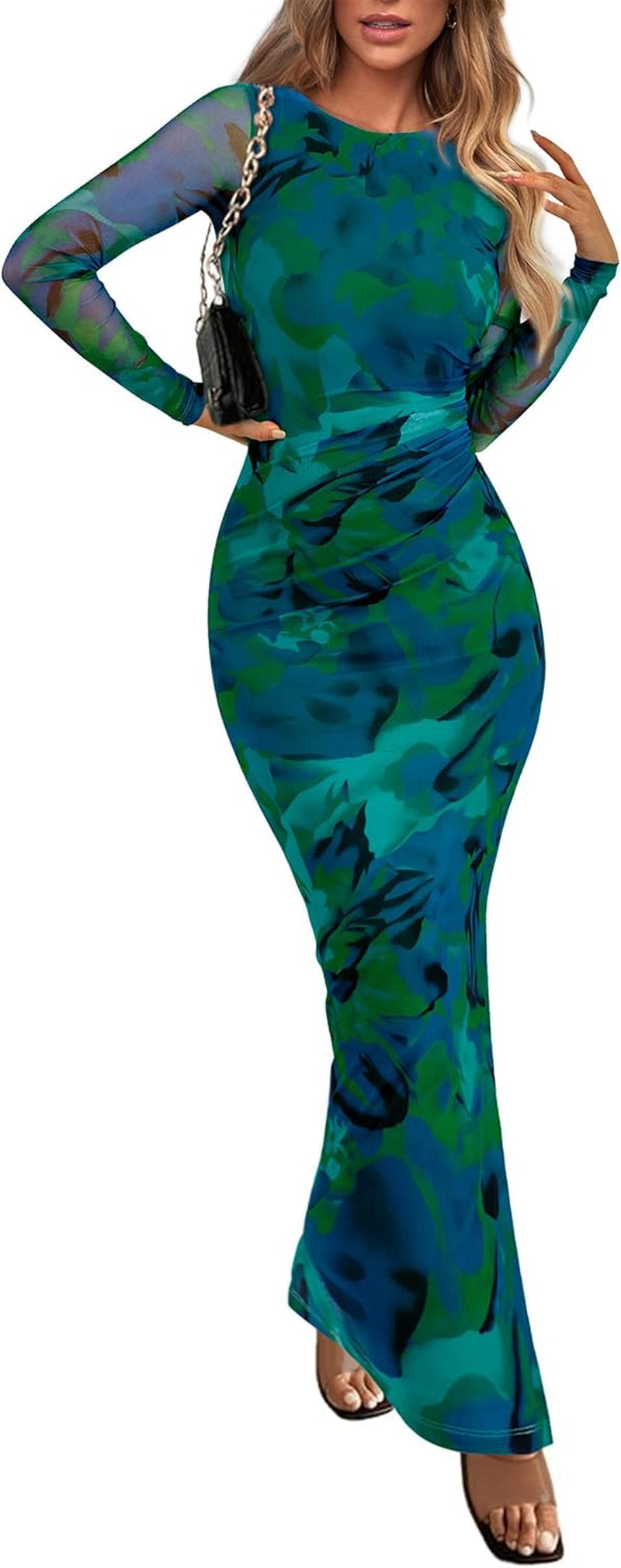 Women'S Bodycon Maxi Dress Fall Spring Fashion Long Sleeve Floral Print Tight Fitted Party Club Ruched Dresses