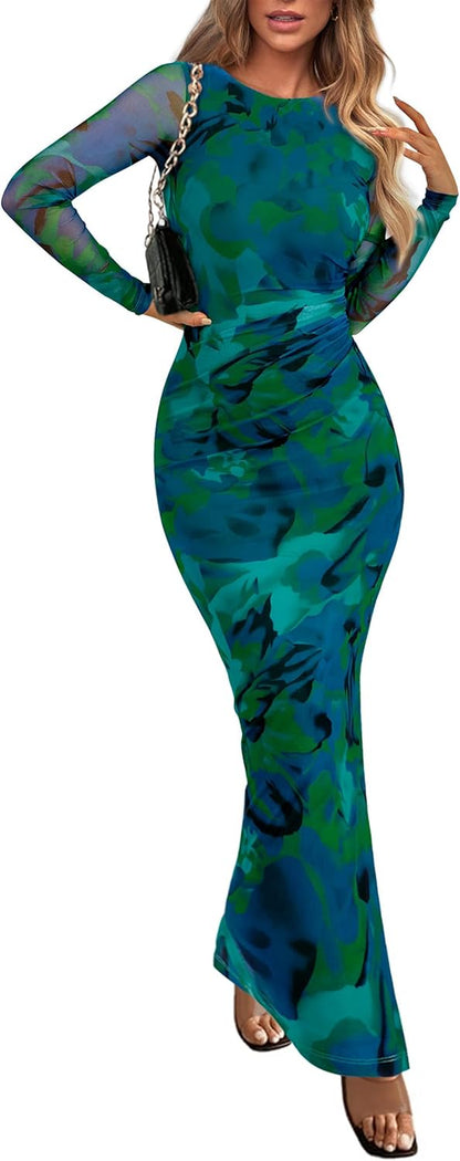 Women'S Bodycon Maxi Dress Fall Spring Fashion Long Sleeve Floral Print Tight Fitted Party Club Ruched Dresses