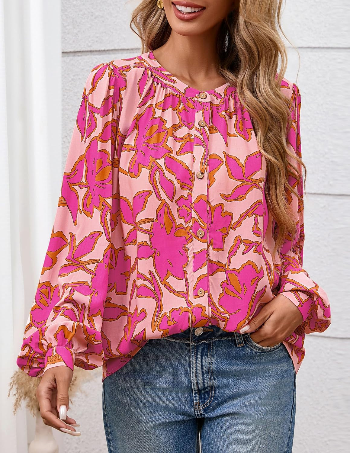 Women'S Floral Button down Blouse 2025 Fall Fashion Dressy Casual Long Sleeve Oversized Shirts Top Boho Clothes