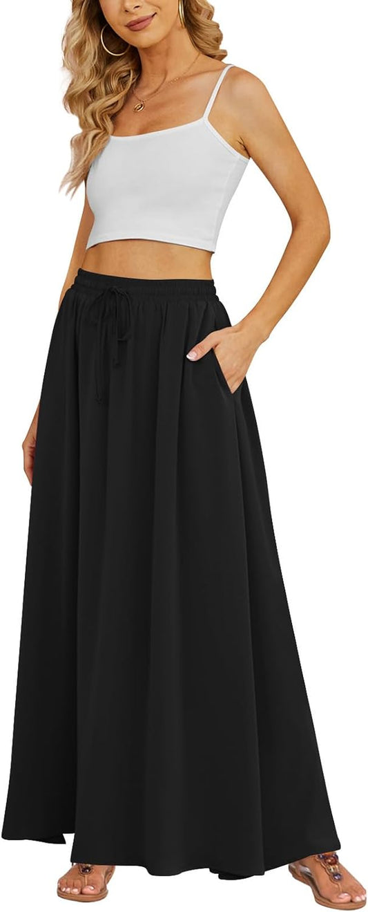 Women'S Flowy Maxi Skirt Summer Pleated High Waisted Casual Long Skirts with Pockets