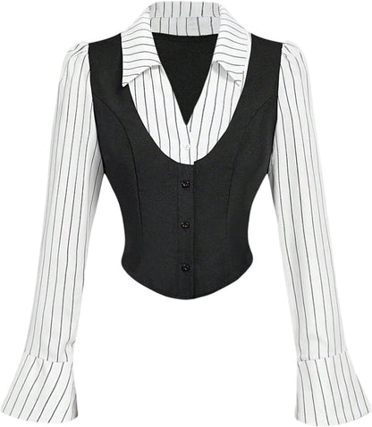 Women'S Striped Button down Shirts Long Sleeve Collar V Neck Work Business Casual Blouse Tops