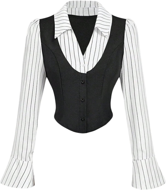 Women'S Striped Button down Shirts Long Sleeve Collar V Neck Work Business Casual Blouse Tops