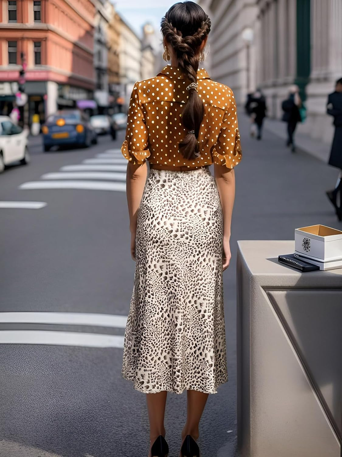 Womens Leopard Print Skirt Midi Long Length Silk Satin High Waist Elastic Skirts