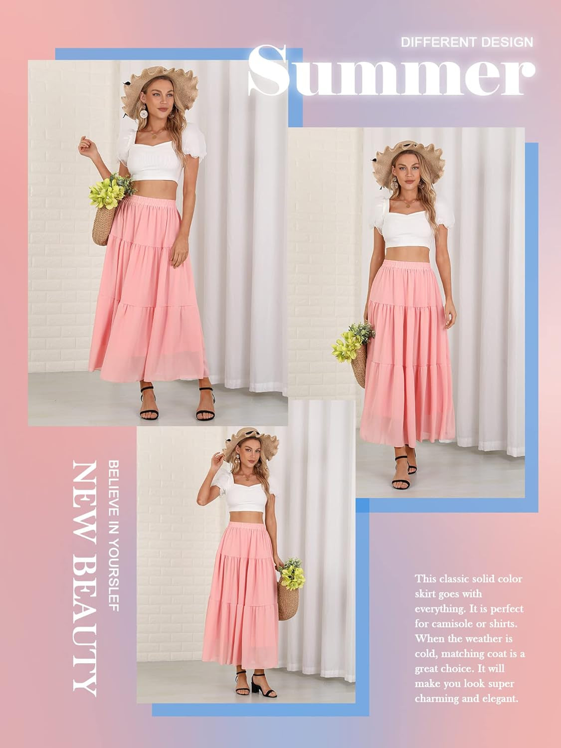 Womens Chiffon Maxi A-Line Skirts Elastic High Waist Ruffle Beach Long Flowy Skirt