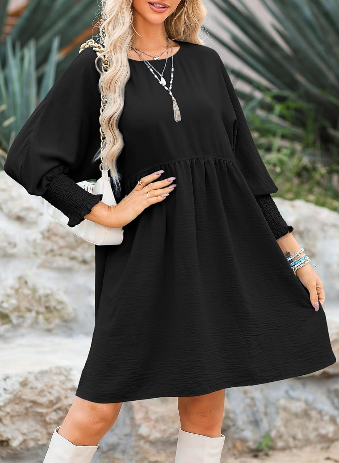 Womens Fall Dresses Casual Tunic Dress Short Sleeve Crew Neck Flowy Babydoll Dress