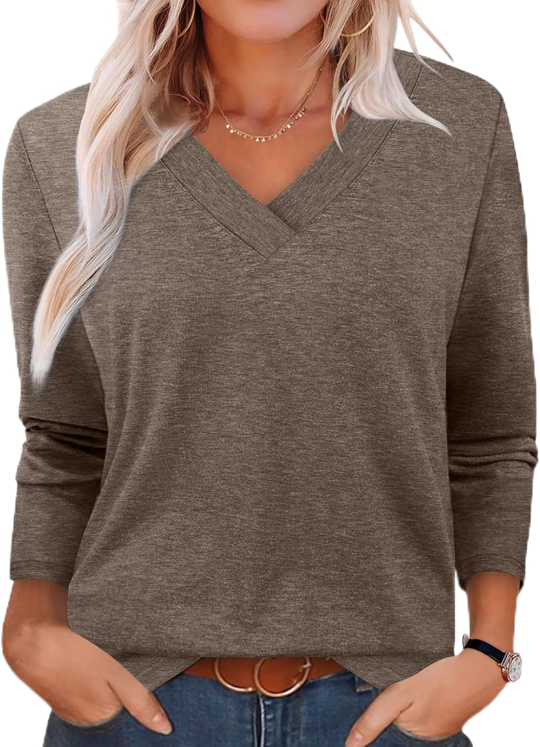 Long Sleeve Shirts for Women V Neck Fall Tops Basic Tunic Tops Loose Fit Dressy 2025