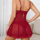 Sexy Open Front V Neck Ruffle Sheer Mesh Lace Wireless Babydoll Lingerie Dress with Thong 2 Piece