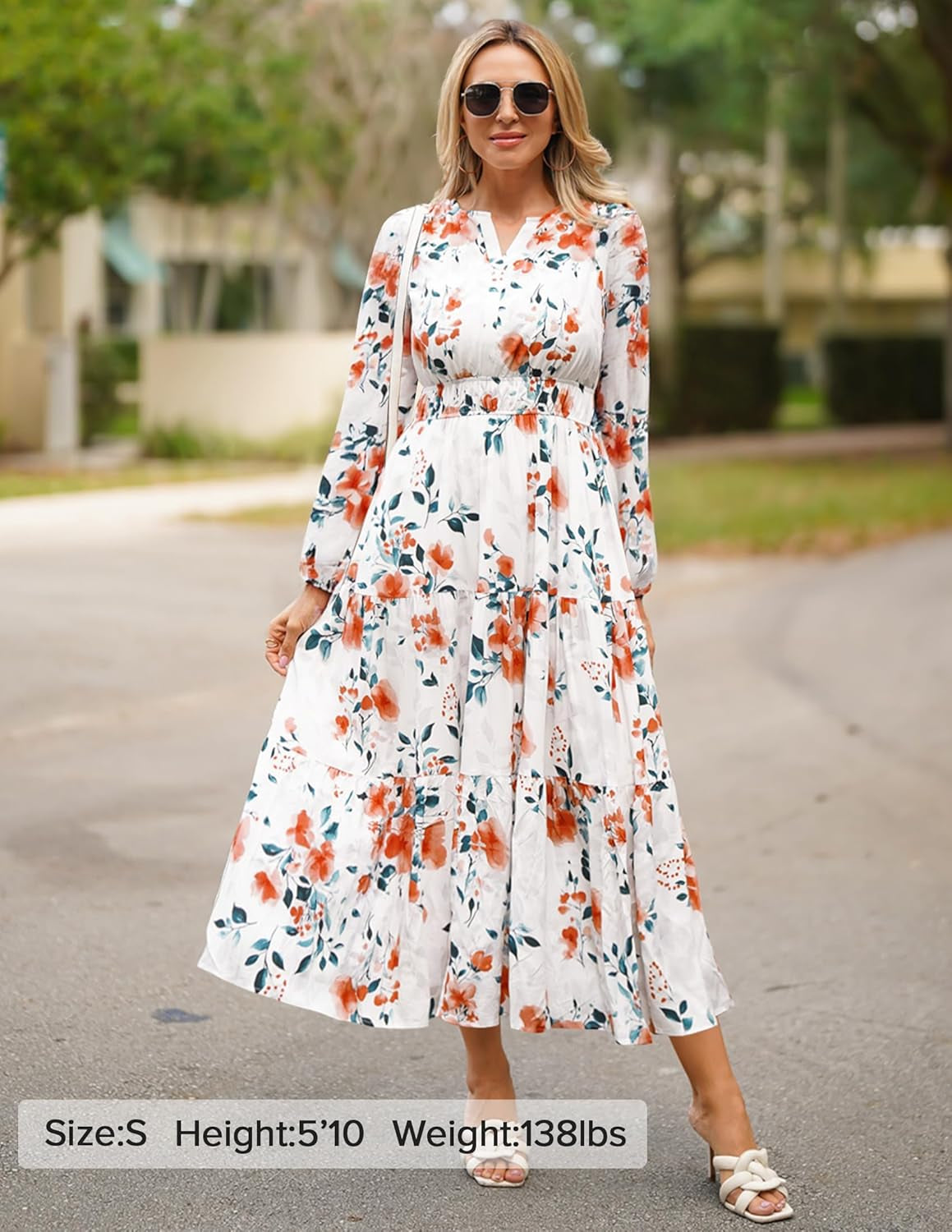 Fall Dresses for Women 2025 Long Sleeve Boho Floral V Neck Empire Waist a Line Casual Flowy Wedding Guest Maxi Dress