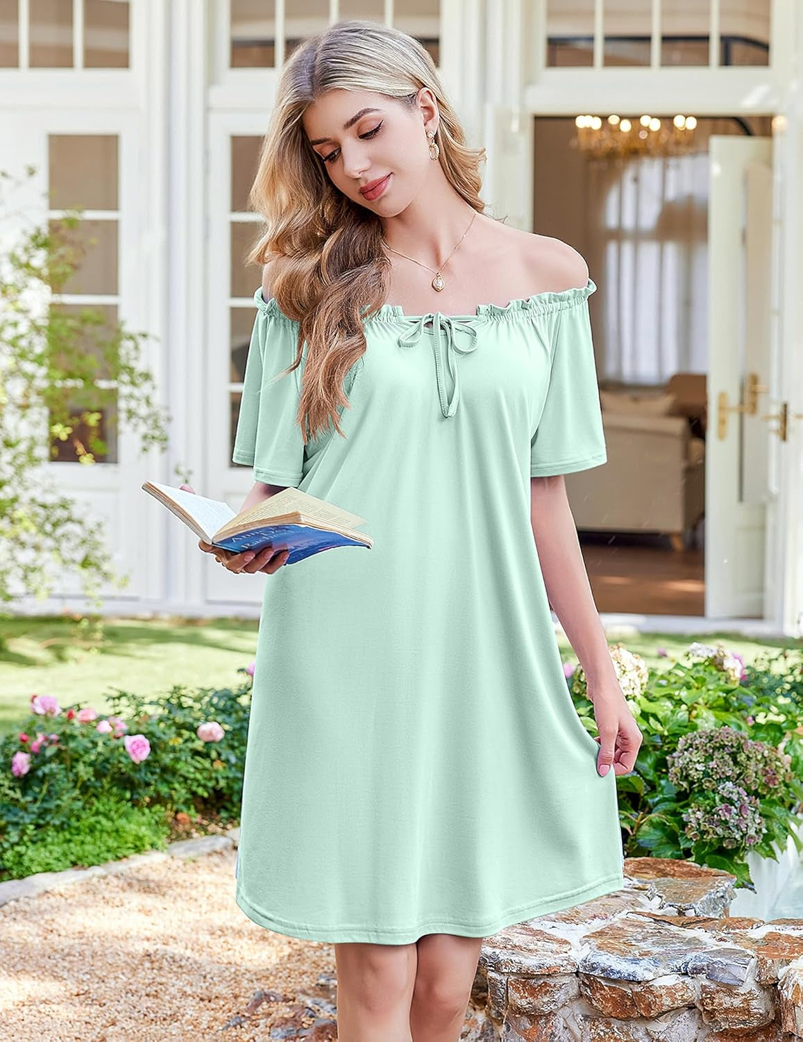 Nightgowns for Women Pleated Sleep Shirts Short Sleeve Night Shirts Comfy Ladies Sleepdress