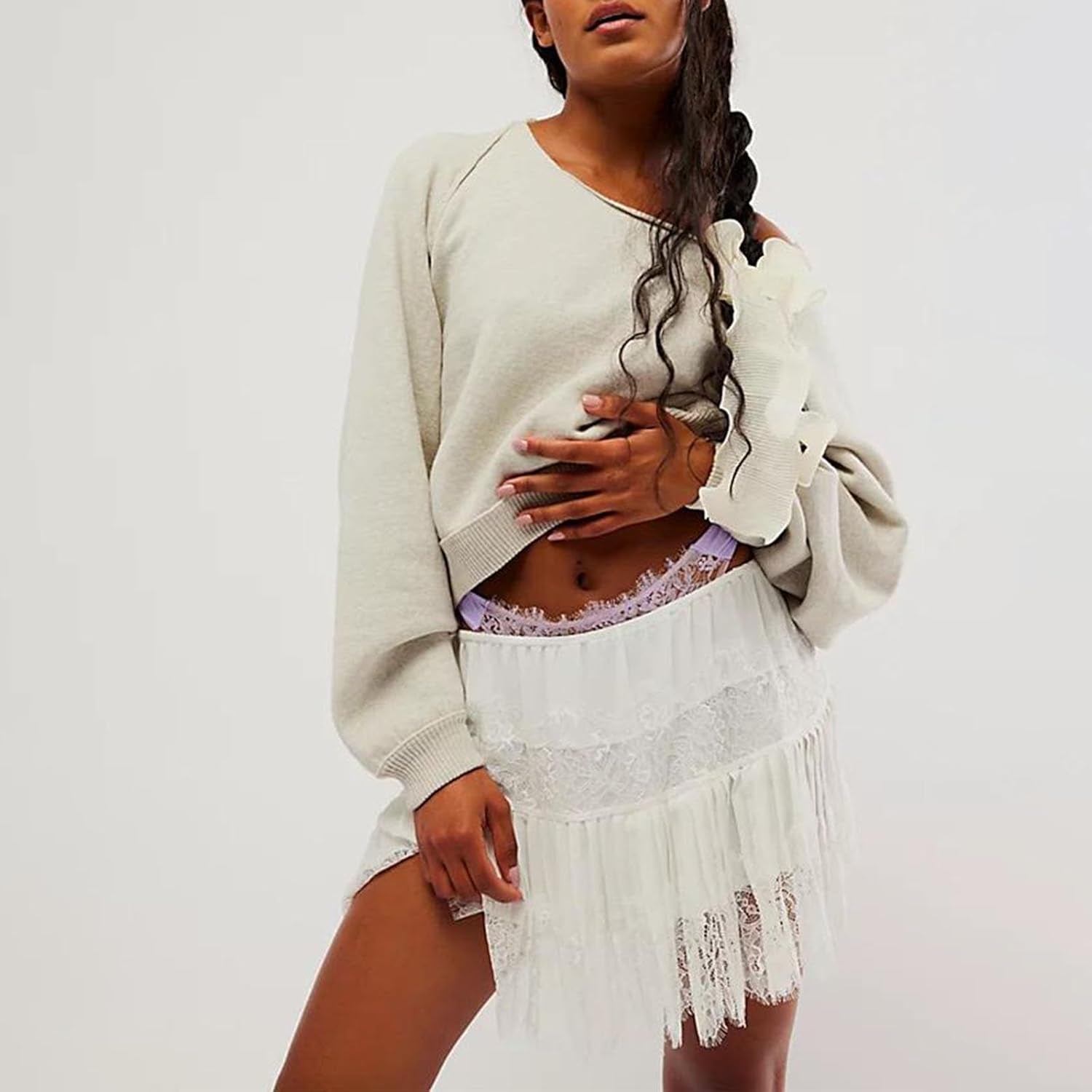 Women Y2K Black White Lace Mini Skirt Low Rise Half Slip Underskirt Ruffle Pleated Layered Flowy Short Skirts