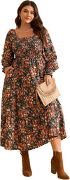 Women'S plus Size Fall Dress Long Sleeve Square Neck Floral Print Smocked a Line Boho Flowy Maxi Dresses with Pockets