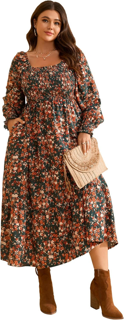 Women'S plus Size Fall Dress Long Sleeve Square Neck Floral Print Smocked a Line Boho Flowy Maxi Dresses with Pockets