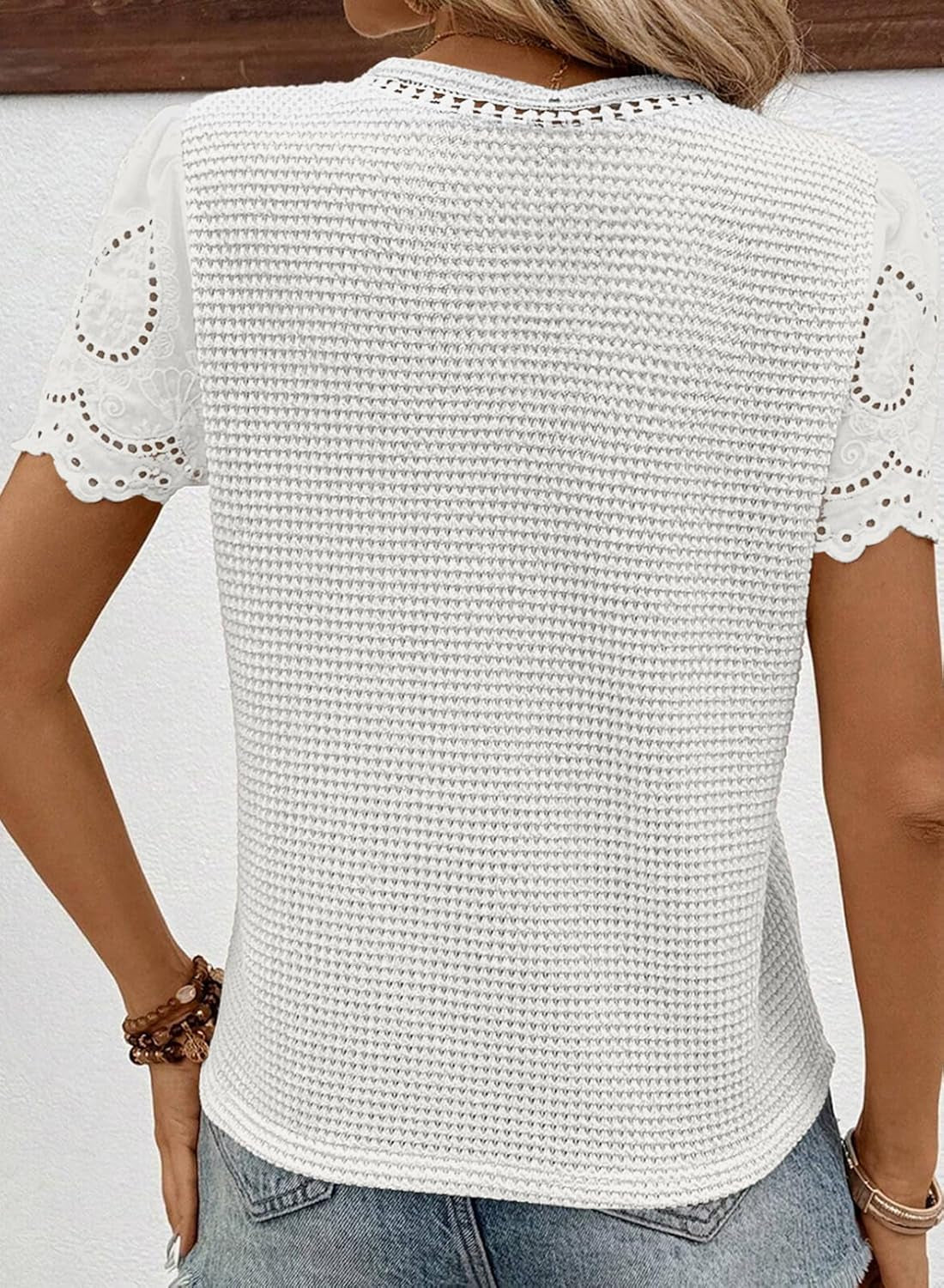 Womens Frenchy Summer Tops Crewneck Short Sleeve T Shirts Casual Waffle Knit Jacquard Blouses Top Shirts