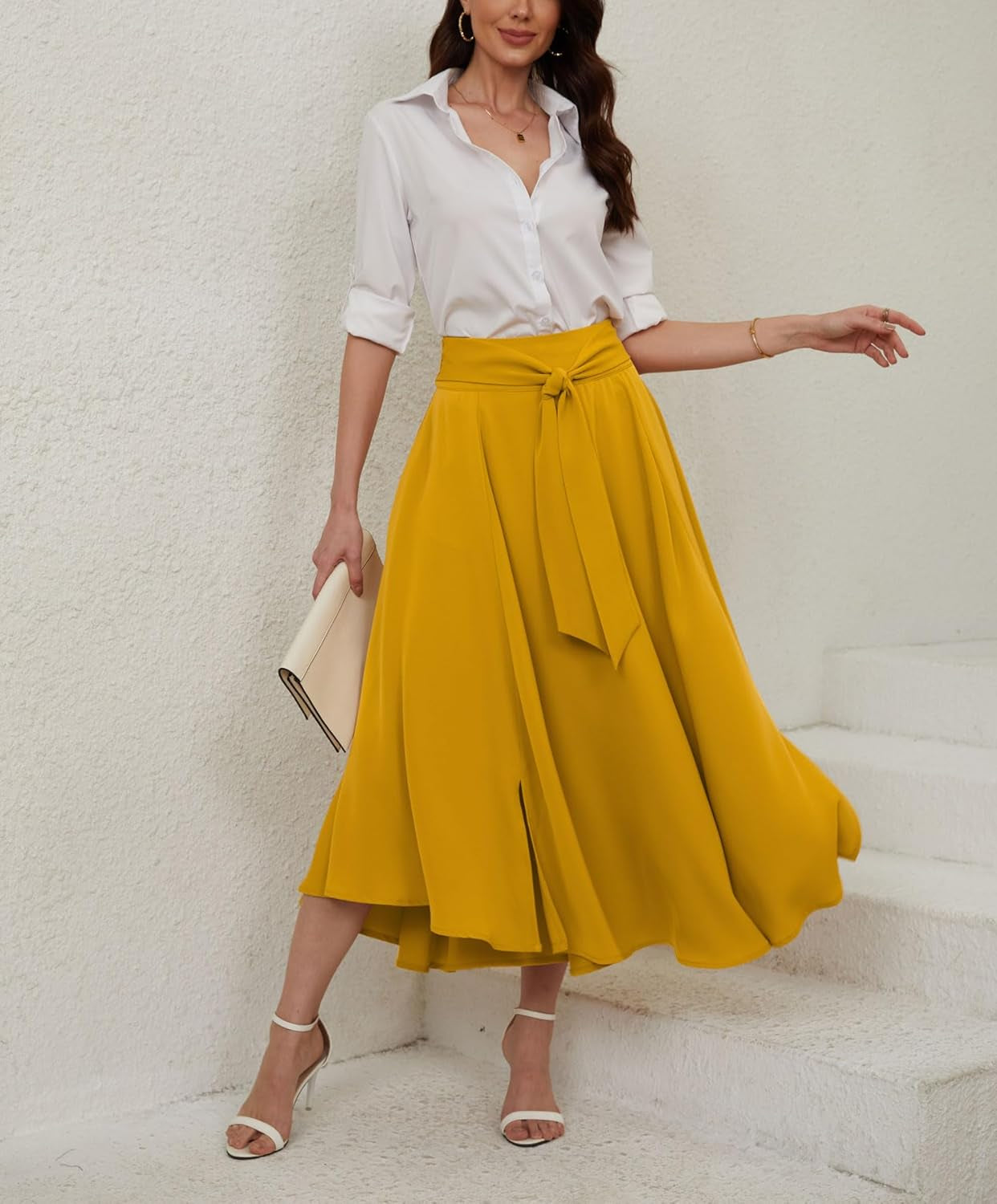 Women'S Elegant High Waisted Side Slit Irregular Bohemian Maxi Skirt with Pockets