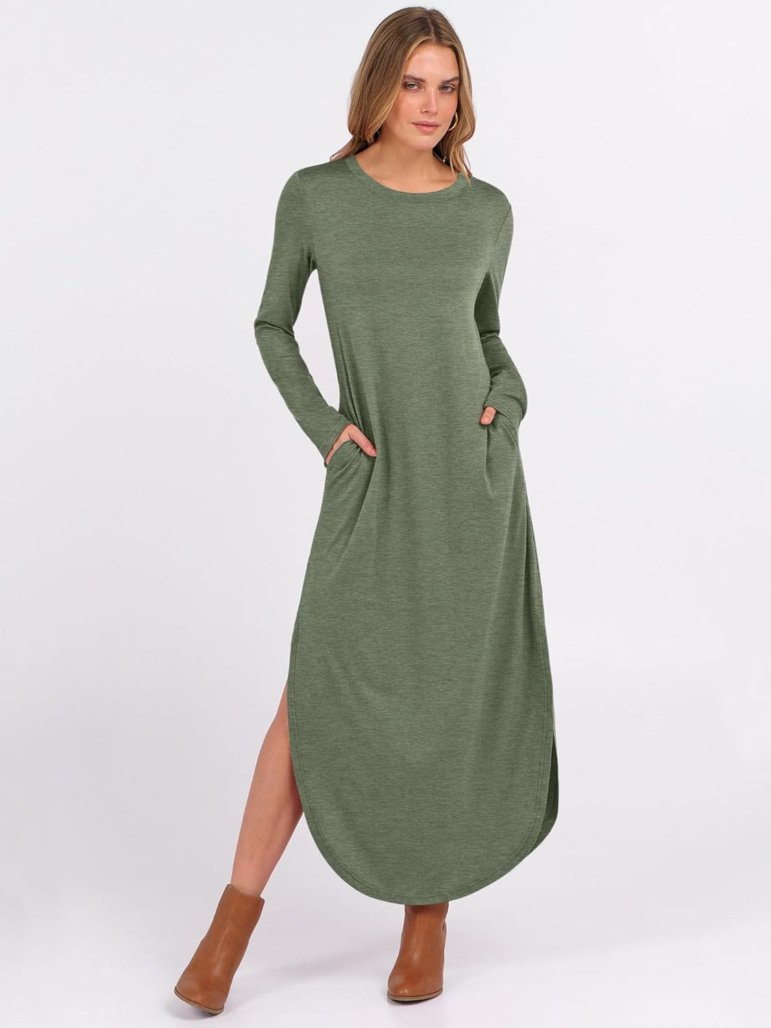 Women'S Long Sleeve Maxi Dresses 2025 Fall Outfits Casual Loose Split Travel Vacation T Shirt Dress with Pockets