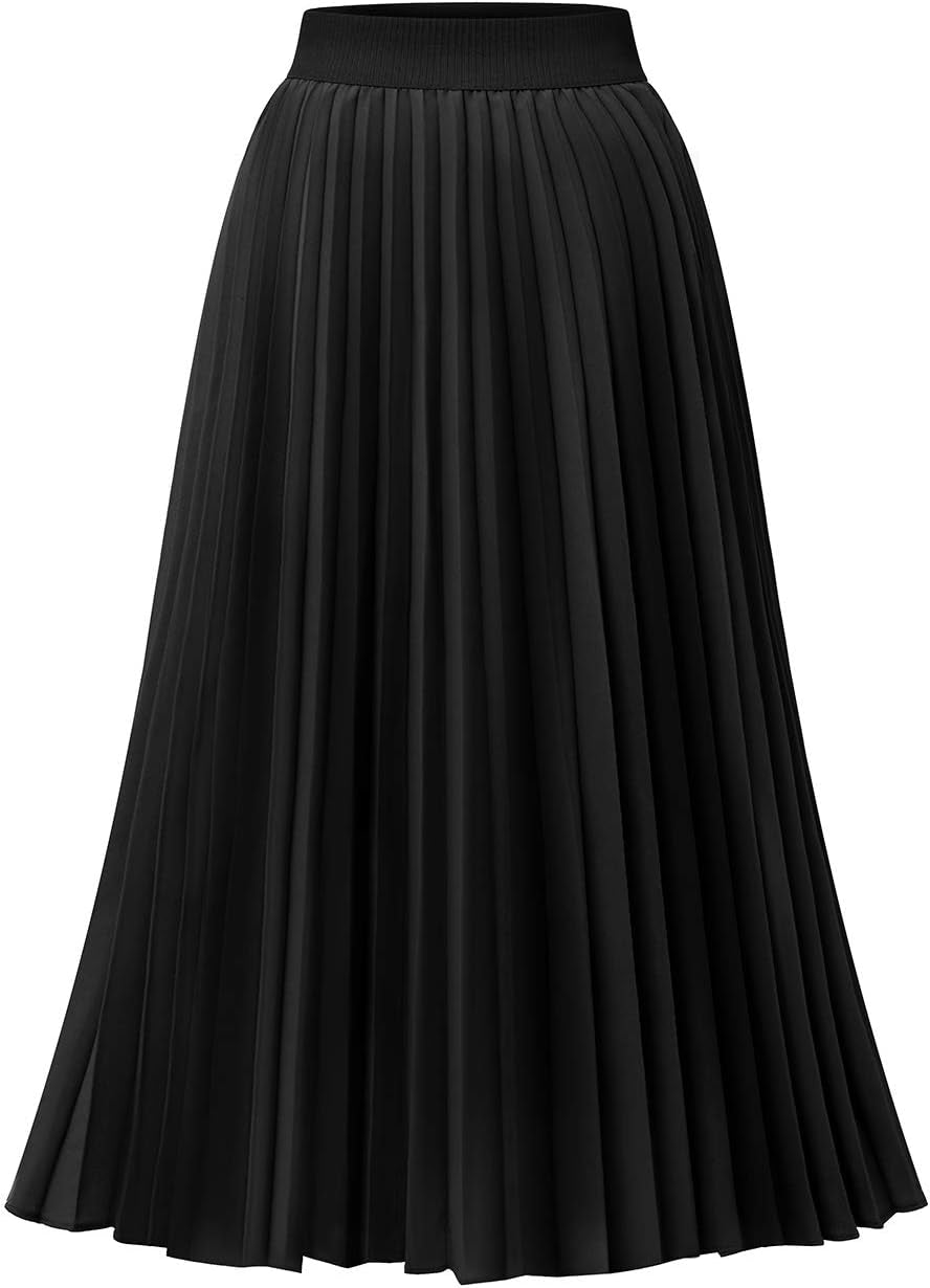 Pleated Midi Skirts for Women, Long Aline High Elastic Waisted Holiday Party Skirt