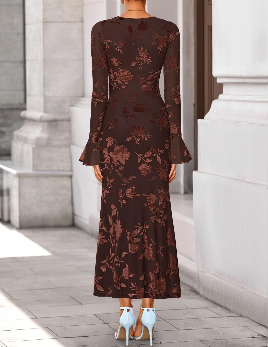 Women'S 2025 Bell Long Sleeve Floral Maxi Dress Fall Fashion Bodycon Mesh Wedding Guest Cocktail Party Dresses