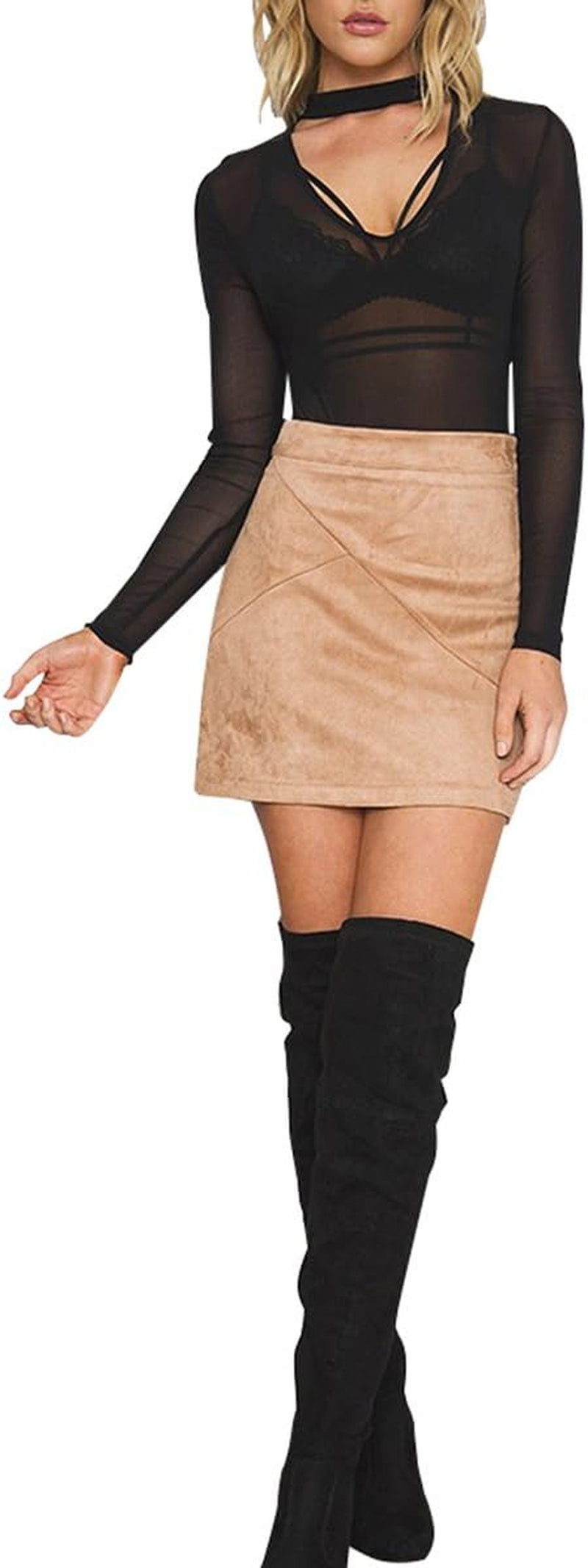 Simplee Women'S High Waist Faux Suede Mini Bodycon Skirt