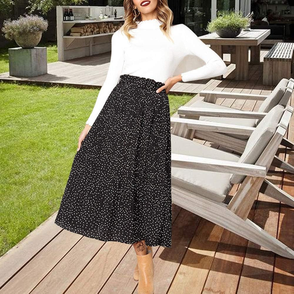 Womens High Waist Polka Dot Pleated Maxi Skirt Midi Swing Skirt Beach Vacation Cruise Outfits with Pockets