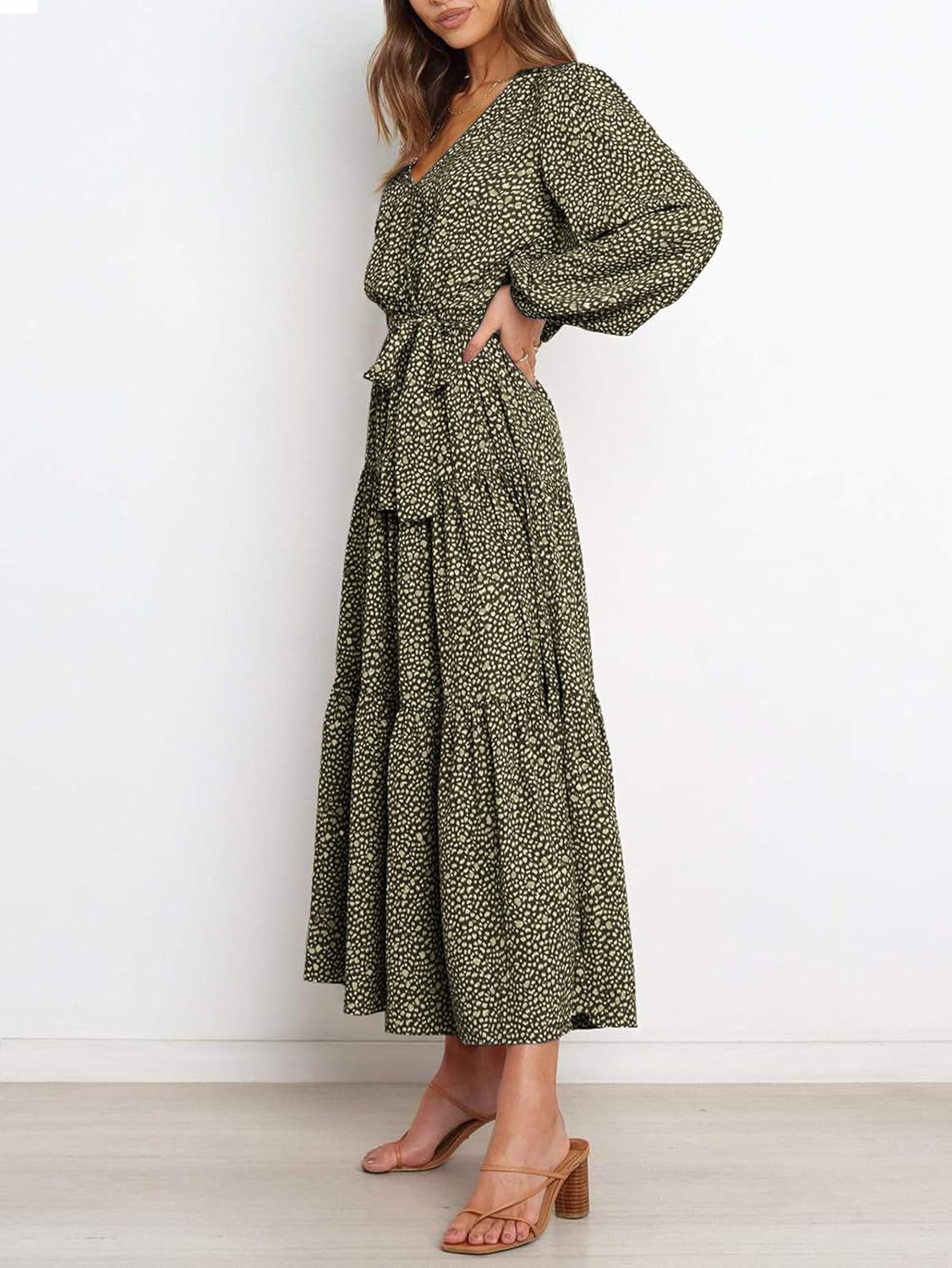 Womens Spring Long Sleeve Wrap V Neck Ruffle Floral Maxi Dress Casual Tie Waist Boho Chiffon Flowy Long Dresses