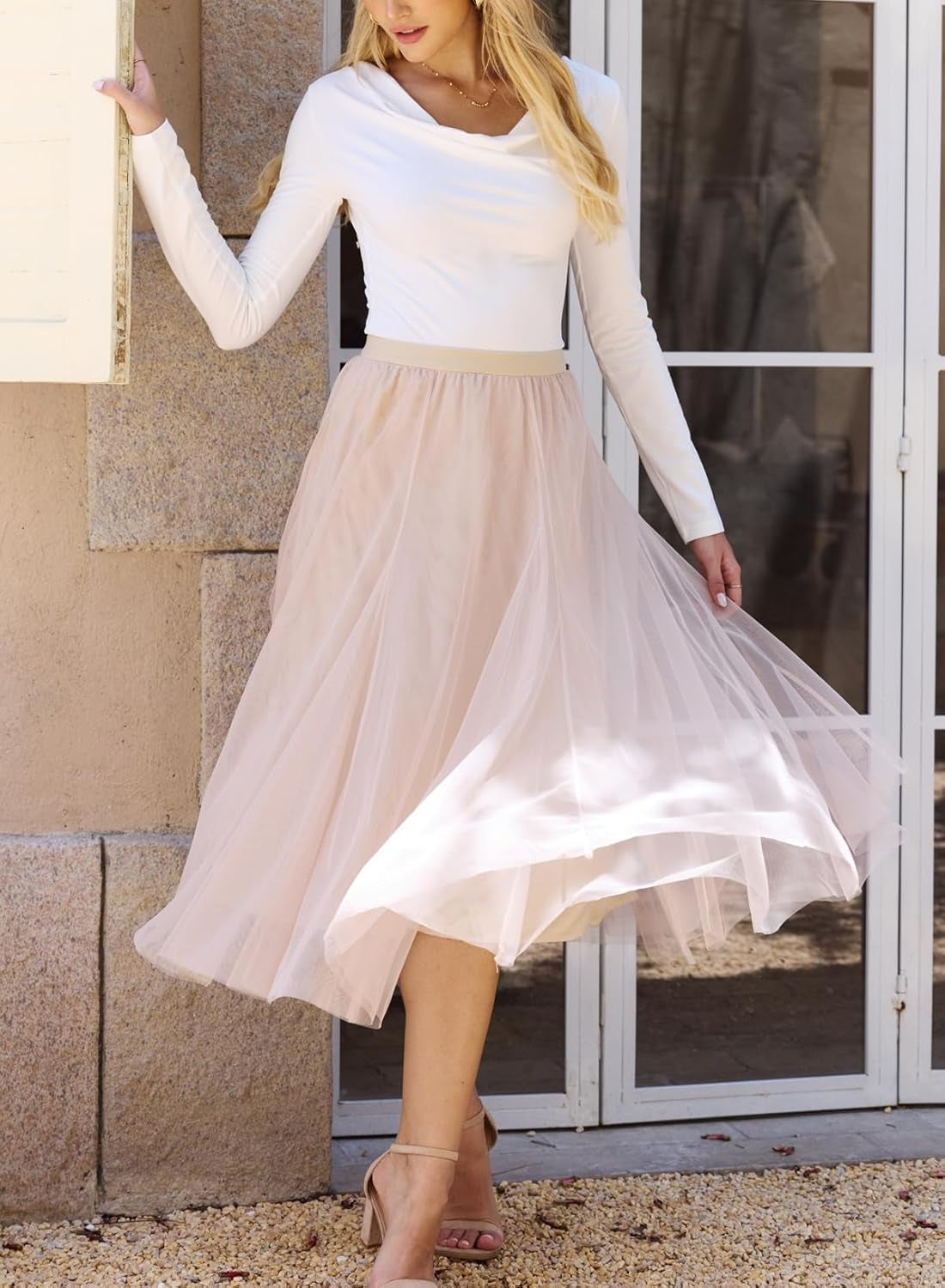 Womens Tulle Skirt Fall Fashion Elastic High Waisted A-Line Layered Flowy Long Tutu Skirts Date Night Outfits