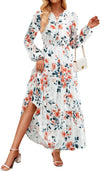 Fall Dresses for Women 2025 Long Sleeve Boho Floral V Neck Empire Waist a Line Casual Flowy Wedding Guest Maxi Dress
