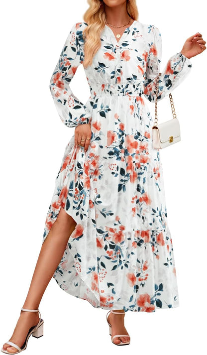 Fall Dresses for Women 2025 Long Sleeve Boho Floral V Neck Empire Waist a Line Casual Flowy Wedding Guest Maxi Dress