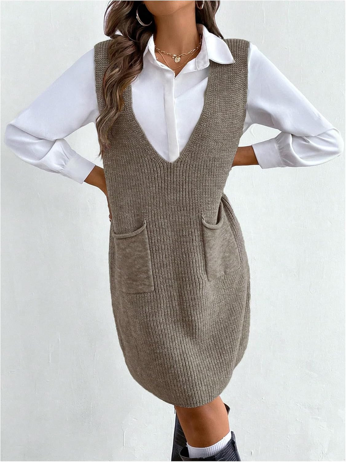 Women'S Casual Sweater Dress V Neck Sleeveless Knit Short Sweater Dresses with Pocket