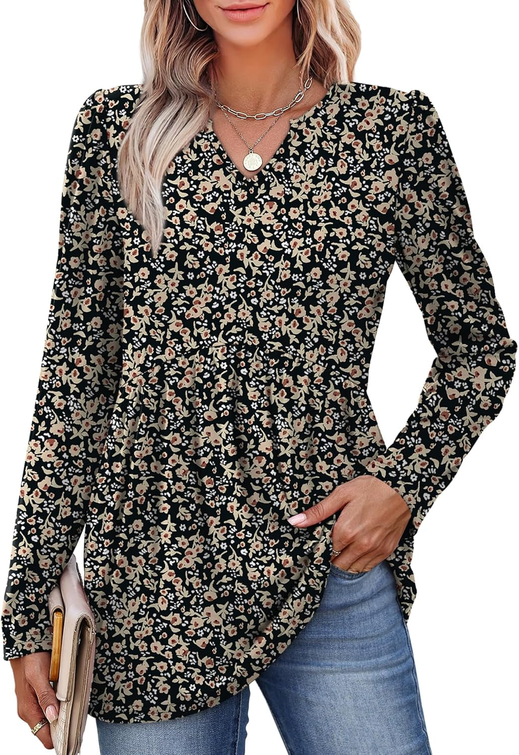 Womens Tops Long Sleeve Fall Shirts Babydoll Peplum Tops for Women V Neck Tunic Dressy Casual Blouses