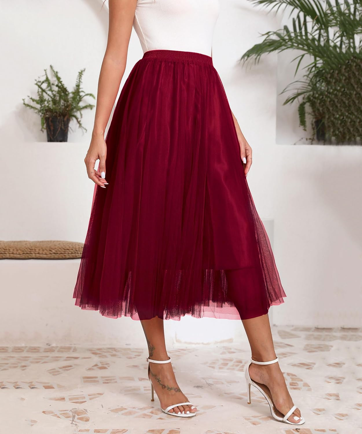 Women'S Winter Skirts 2 Layered Tulle Tiered Long Skirts Elastic Waist A-Line Midi Skirts