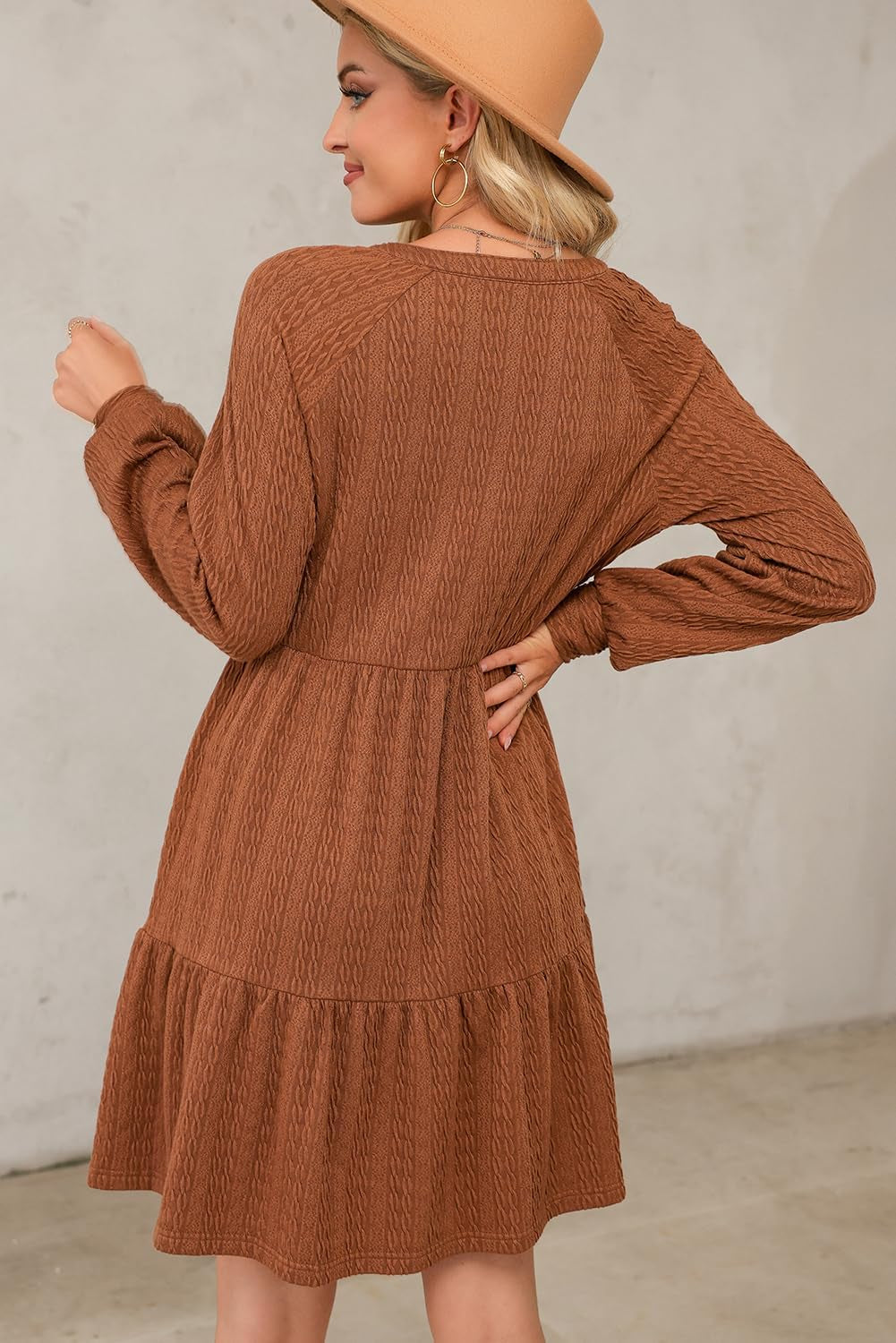 Fall Dresses for Women 2025 Long Sleeve V Neck Textured Casual Lightweight Tiered Ruffle A-Line Mini Babydoll Dress