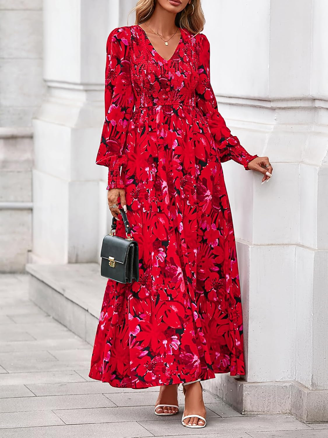 Women Fall Wedding Guest Maxi Dresses 2025 Floral V Neck Long Sleeve Boho Long Dress Vacation