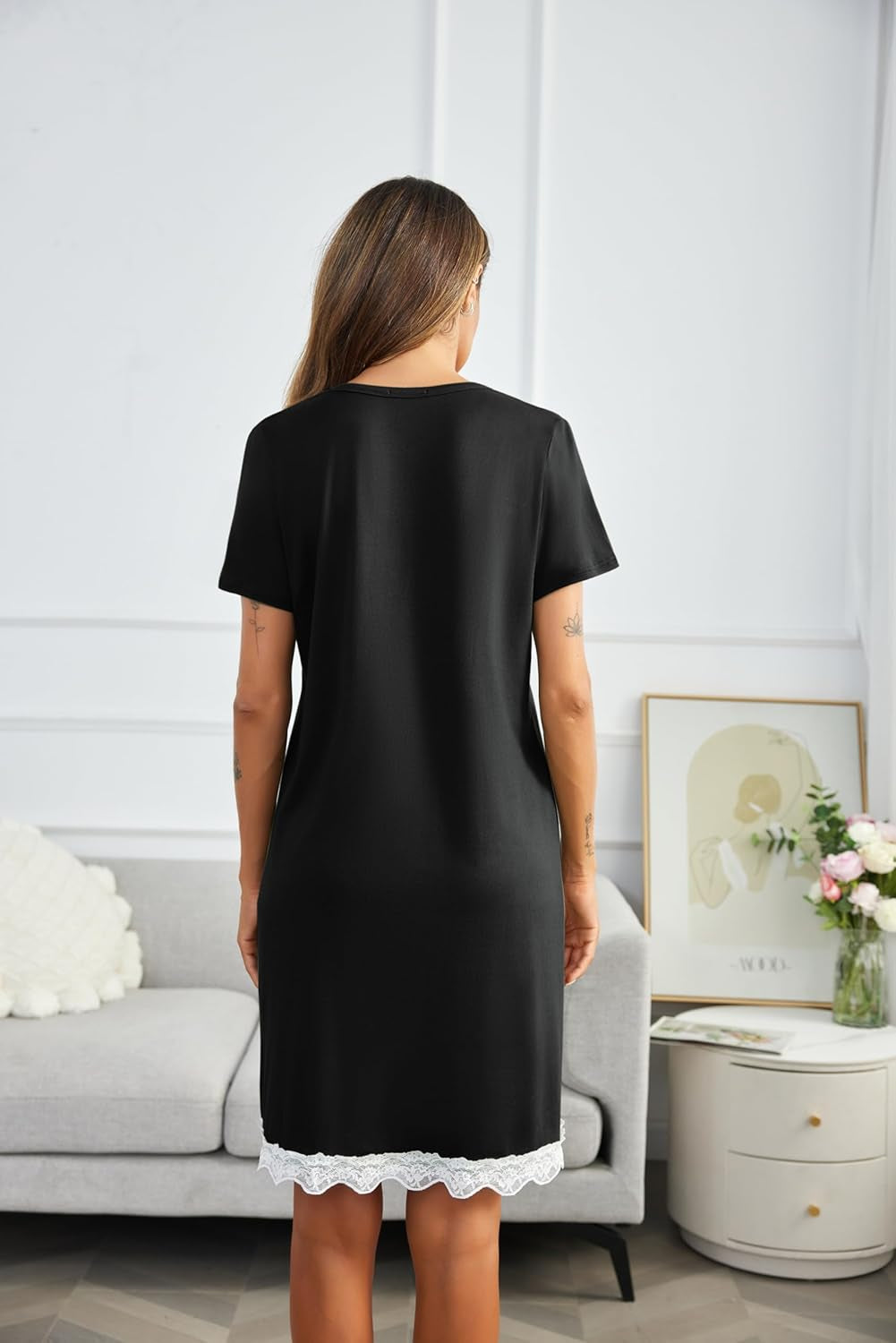 Women Striped Nightgowns Button down Sleepshirts Short Sleeves Nightshirts