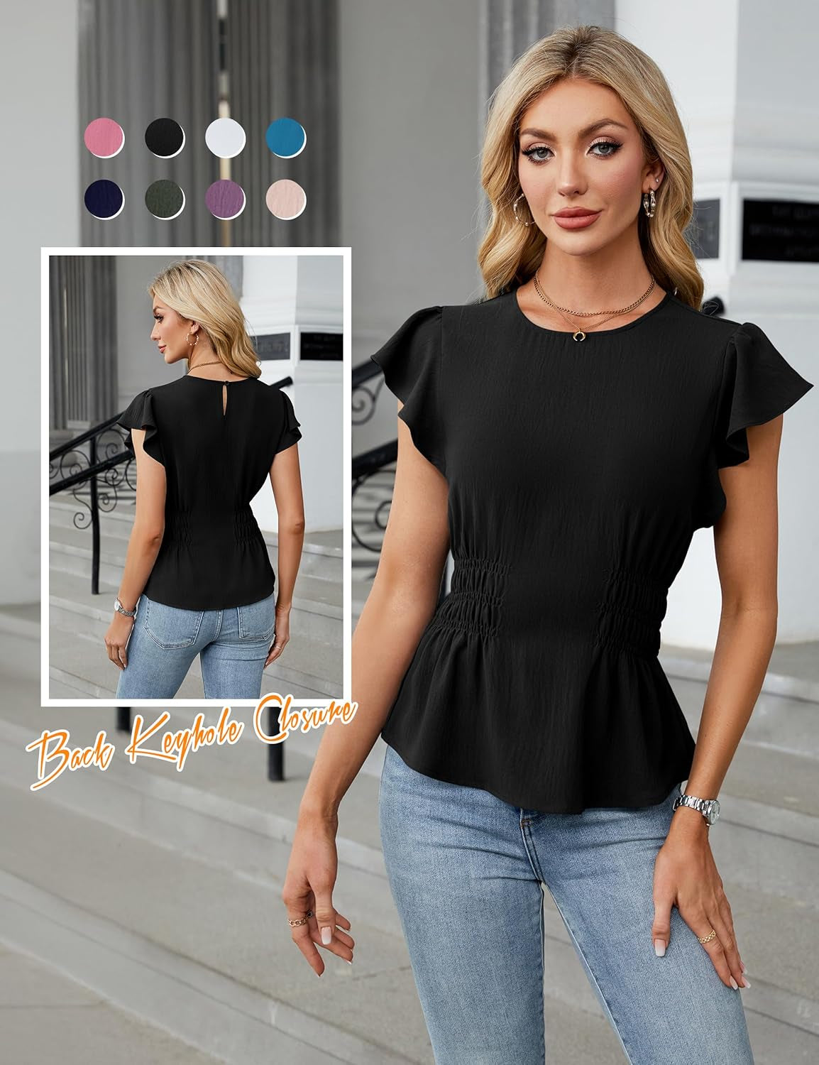 Women'S Dressy Casual Blouses Business Ruffle Short Sleeve Tops Summer Crew Neck Smocked Shirts