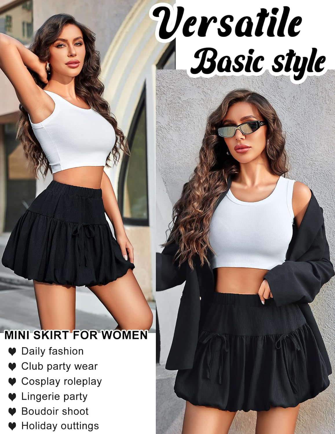 Mini Skirt for Women Bubble Puffy Hem Y2K Elastic Waist a Line Basic Casual Skirts S-XXL