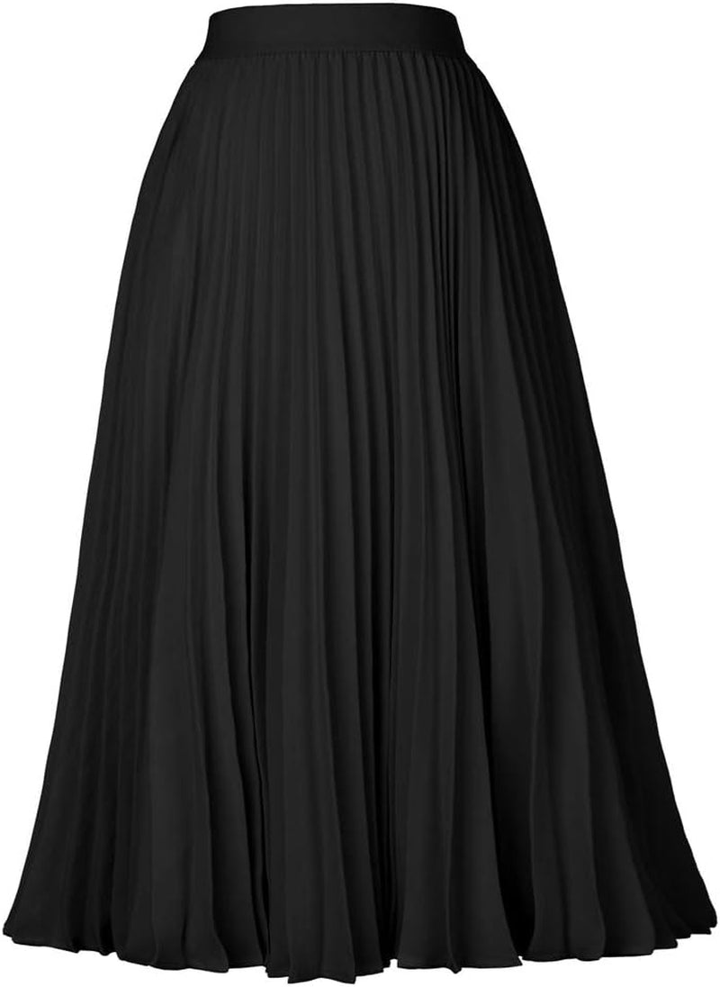 Women High Elastic Waist Pleated Chiffon Skirt Midi Swing A-Line Skirts
