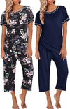 2 Pack Womens Pajamas Sets Short Sleeve Tops and Capri Pants Pjs Colorful Printed Sleepwear Sets