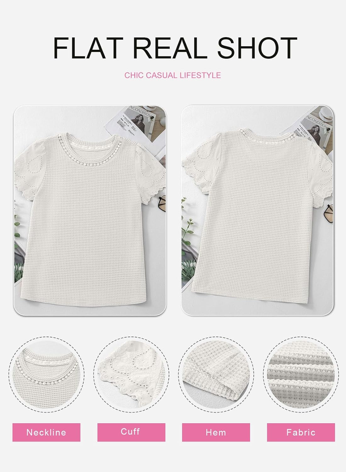 Womens Frenchy Summer Tops Crewneck Short Sleeve T Shirts Casual Waffle Knit Jacquard Blouses Top Shirts