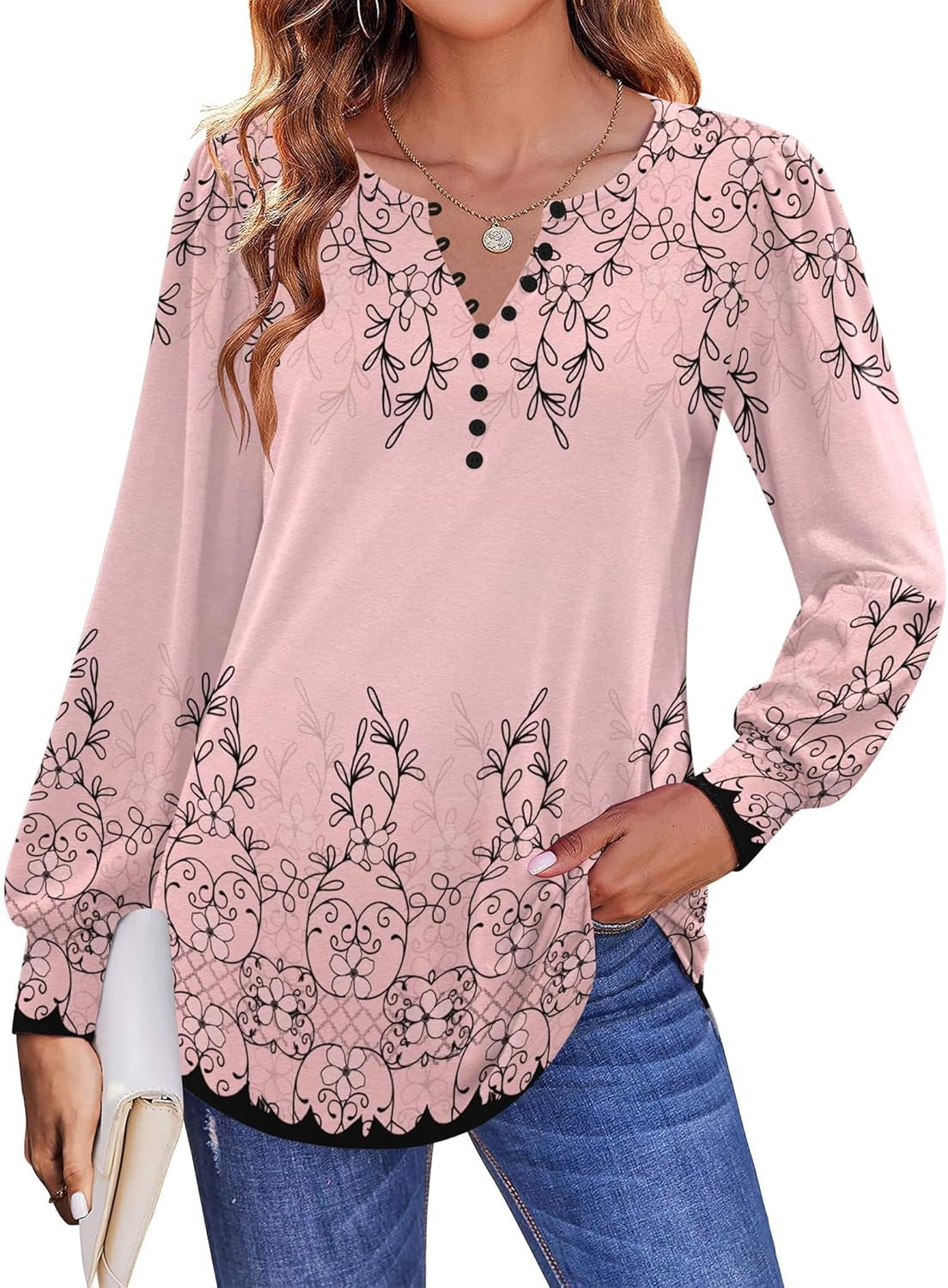 Fall Tops for Women Long Sleeve Button up Shirts Floral Tunics V Neck Pullover Blouse