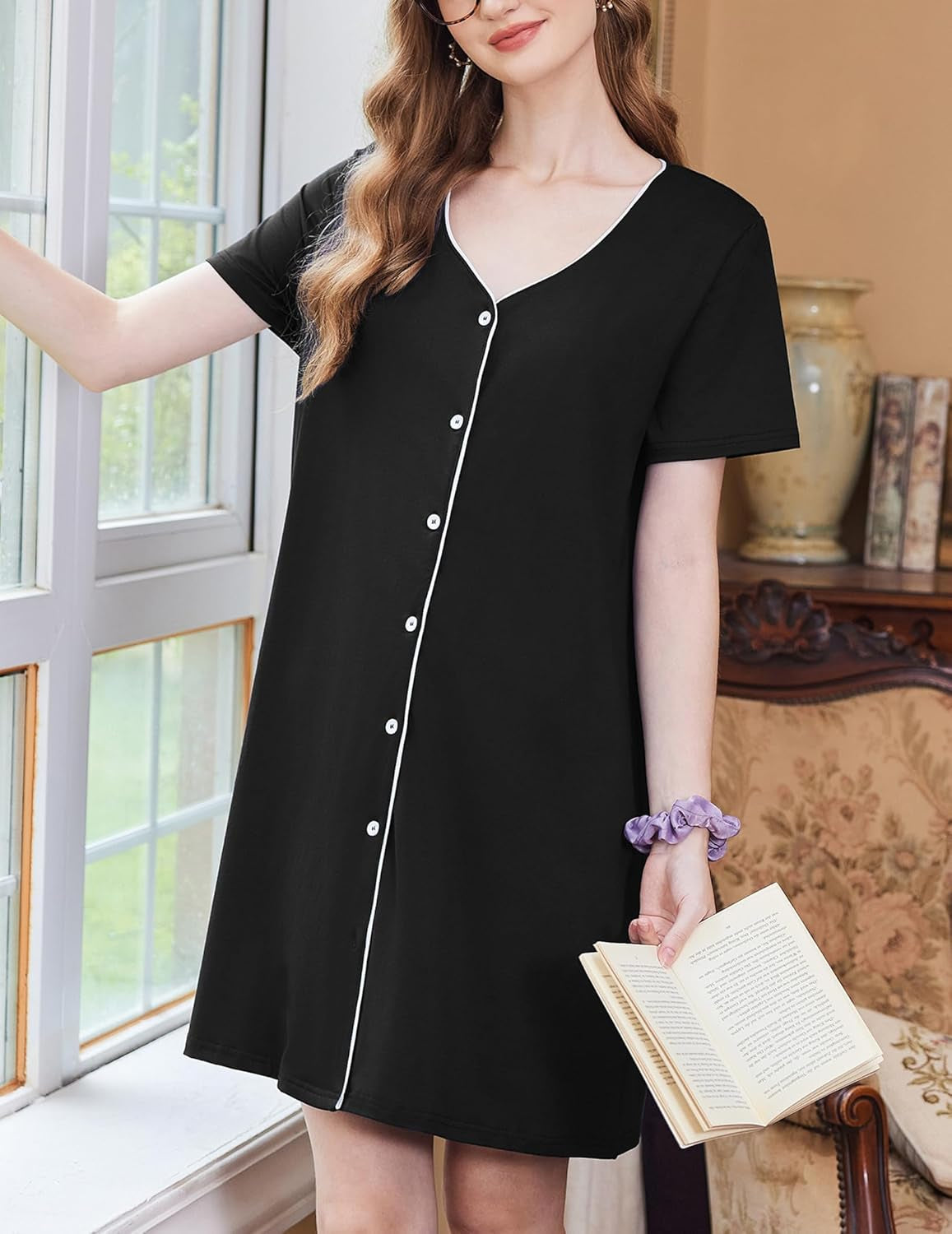 Nightgowns for Women 3 Pack Sleep Shirts Button down Pajama Dress Short Sleeve Nightshirt Sleepwear Nightdress