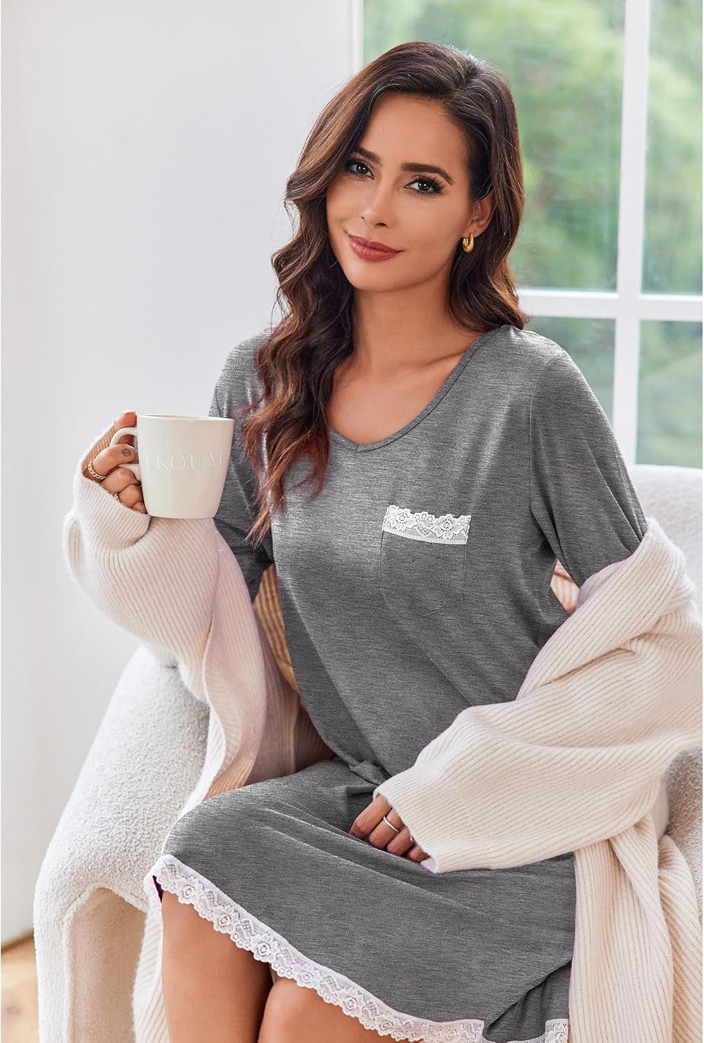 Womens Long Sleeve Nightgowns V Neck Sleepshirts Lace Nightshirts Casual T-Shirt Sleep Dress with Pocket