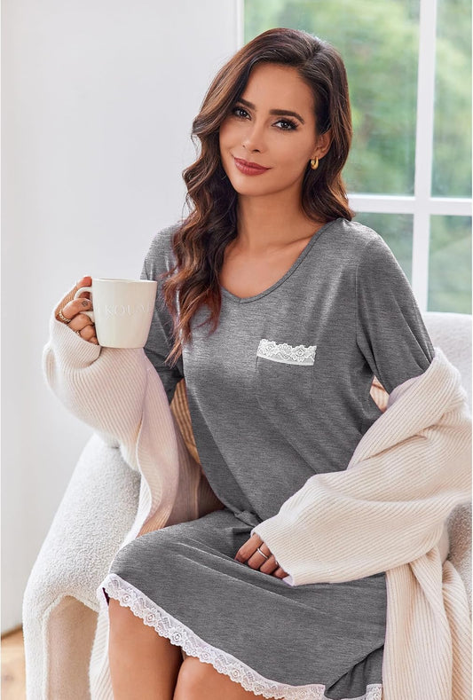 Womens Long Sleeve Nightgowns V Neck Sleepshirts Lace Nightshirts Casual T-Shirt Sleep Dress with Pocket