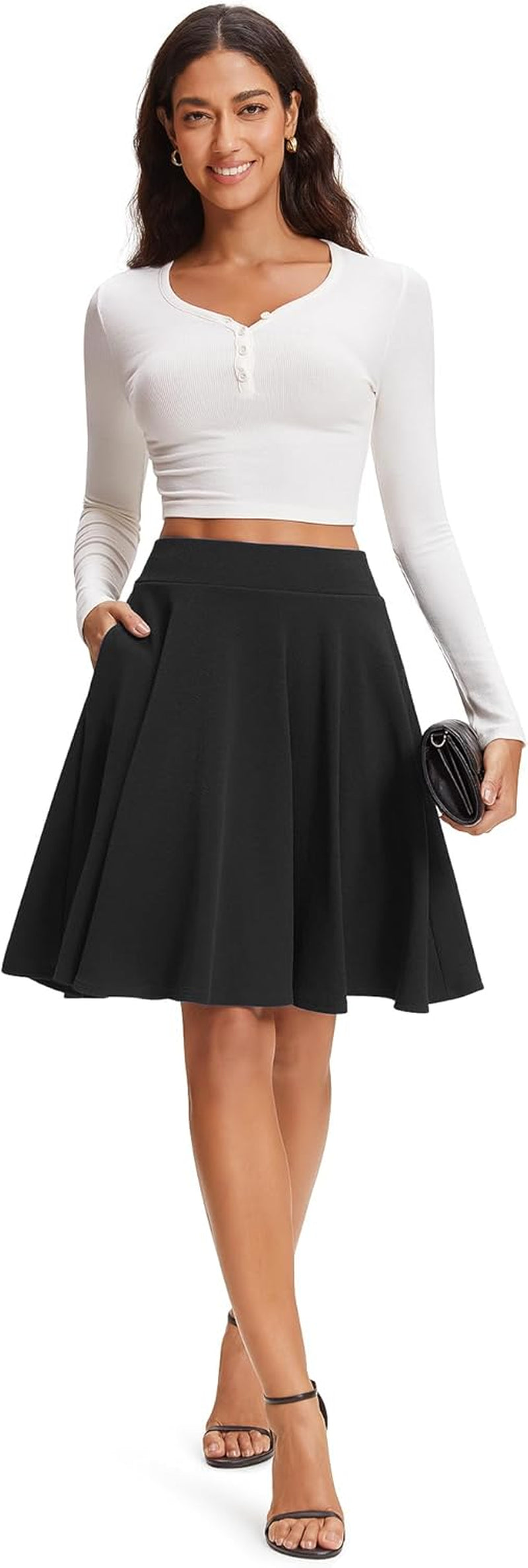 Women'S 20" Knee Length Skirts with Pockets Casual Basic Midi Skirt Stretchy High Waisted Skater Flared Pleated