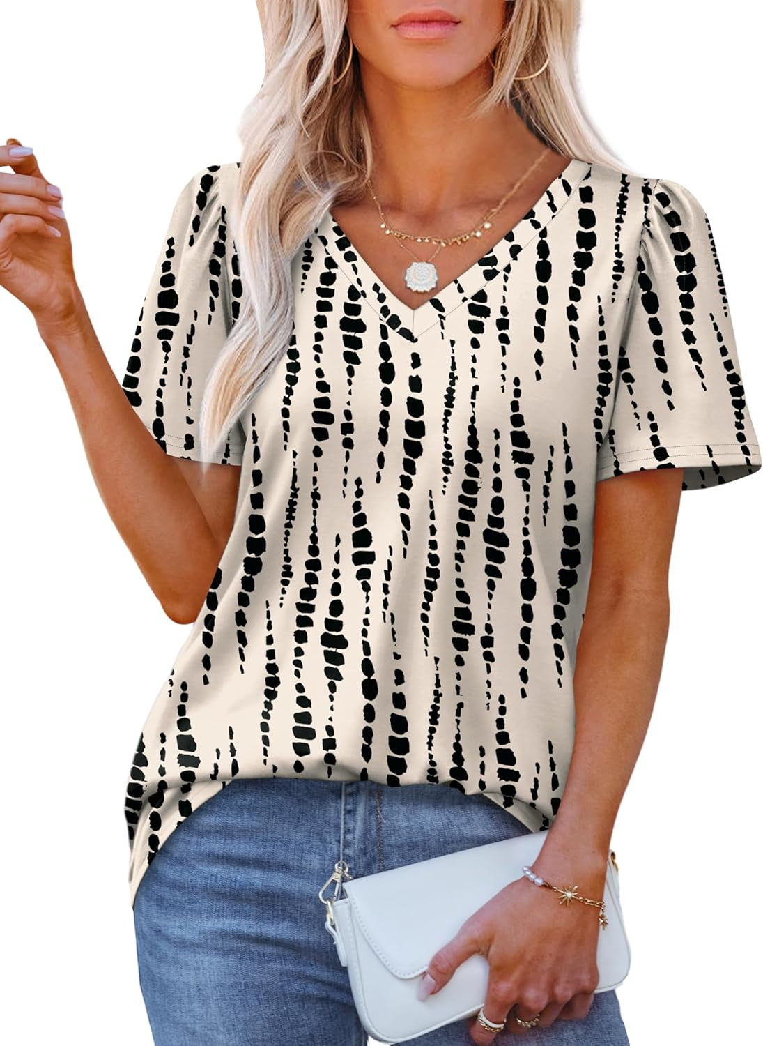 T Shirts for Women V Neck Dressy Casual Blouses Puff Short Sleeve Summer Tops Loose Fit