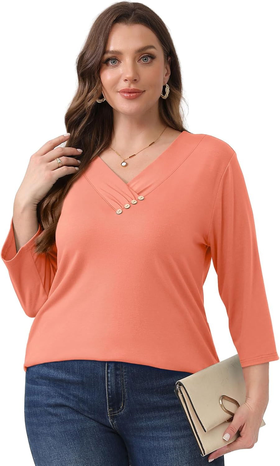 V Neck Blouses for Women Dressy Casaul 3/4 Length Sleeve Womens Tops Button down Shirts