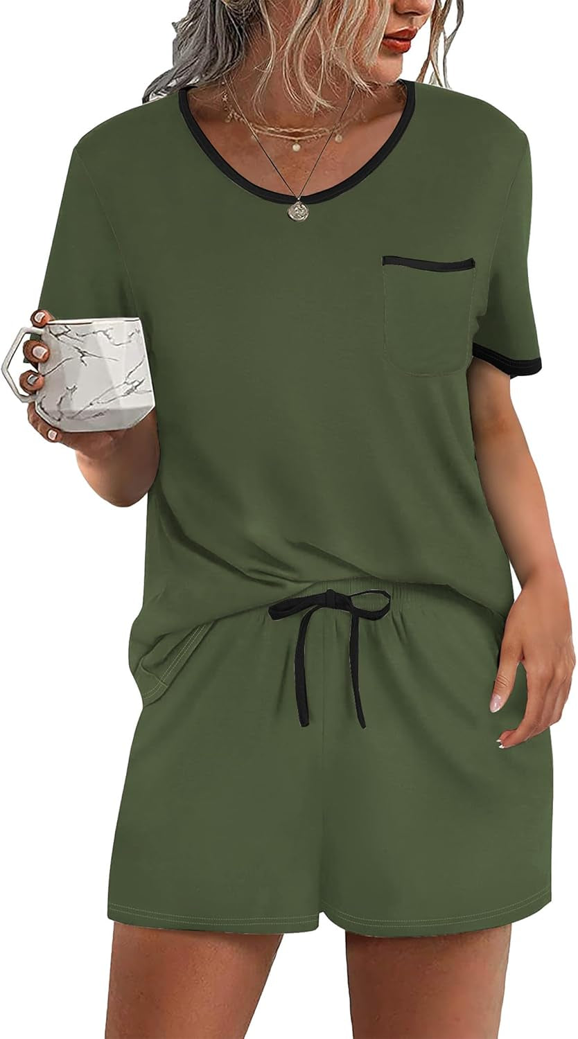 Pajama Set for Women 2 Piece Lounge Set Short Sleeve Tops and Shorts Soft Sleepwear, Chest Pocket