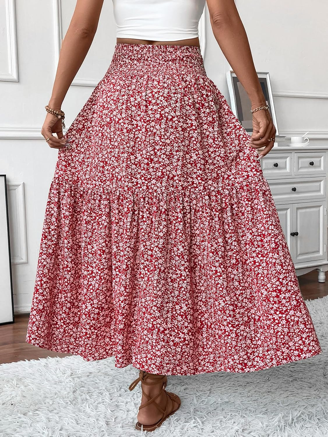 Women'S Smocked High Waist Maxi Skirt Casual Boho Long Skirts with Pockets