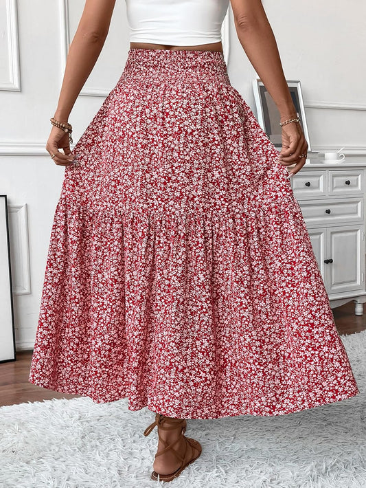 Women'S Smocked High Waist Maxi Skirt Casual Boho Long Skirts with Pockets
