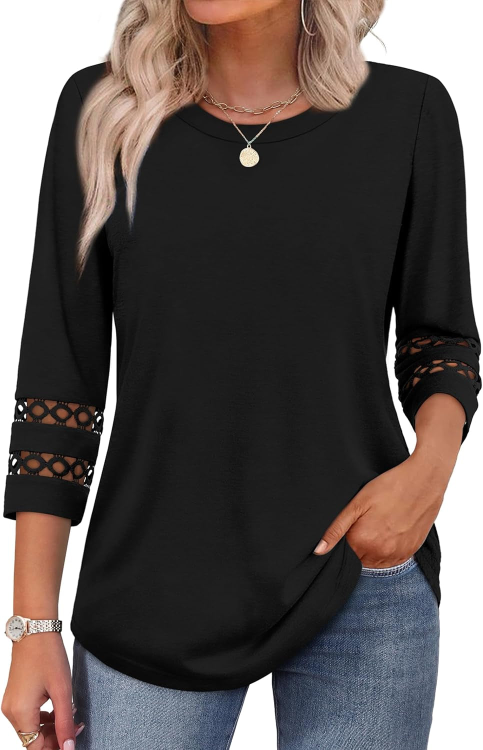 3/4 Length Sleeve Womens Tops and Blouses Dressy Casual Crewneck T Shirts Fashion Clothes Loose Fit Trendy